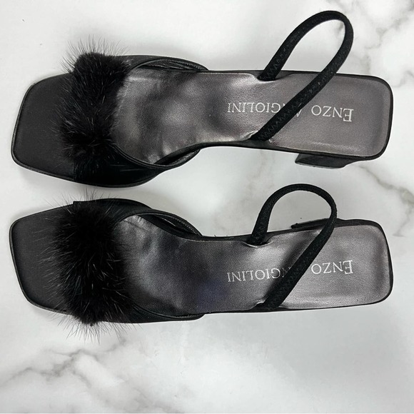 Vintage Enzo Angiolini Fuzzy Pom Pom Black Chunky Slingback Heels Size 8 - Picture 2 of 9